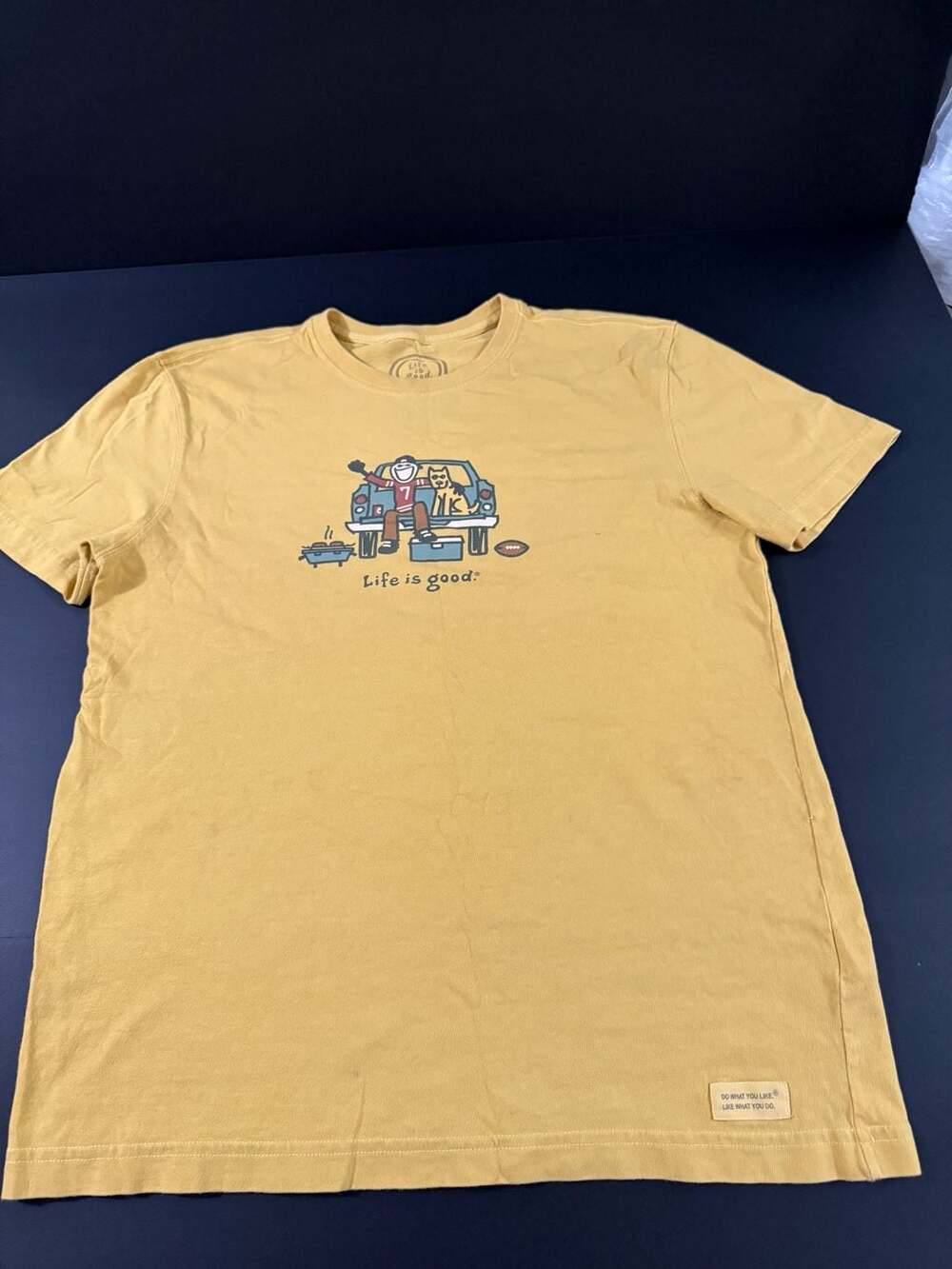 Life Is Good Tailgate Football Graphic T-Shirt Size S Yellow